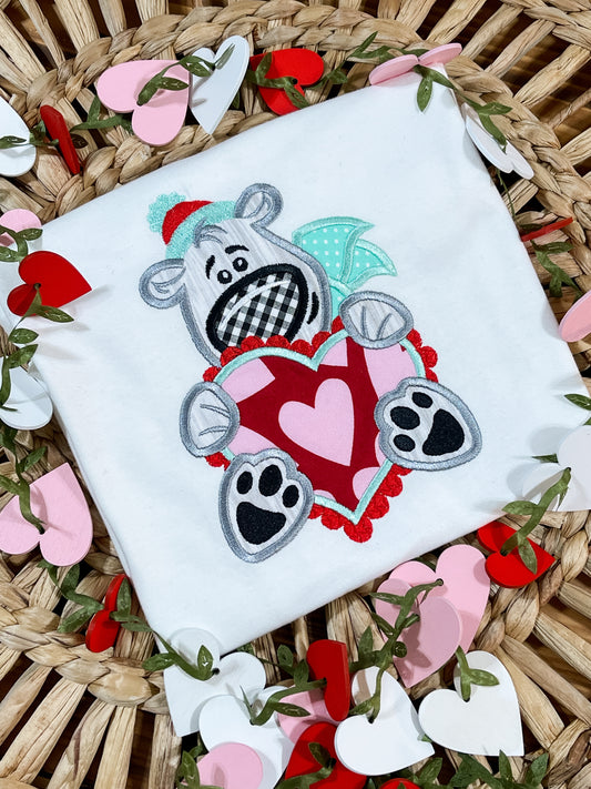 Valentine Bear Hug Applique Ruffle Bottom T-Shirt White