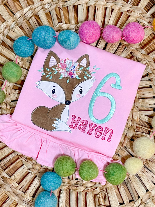 Fox Birthday Applique Ruffle Bottom T-Shirt Pink